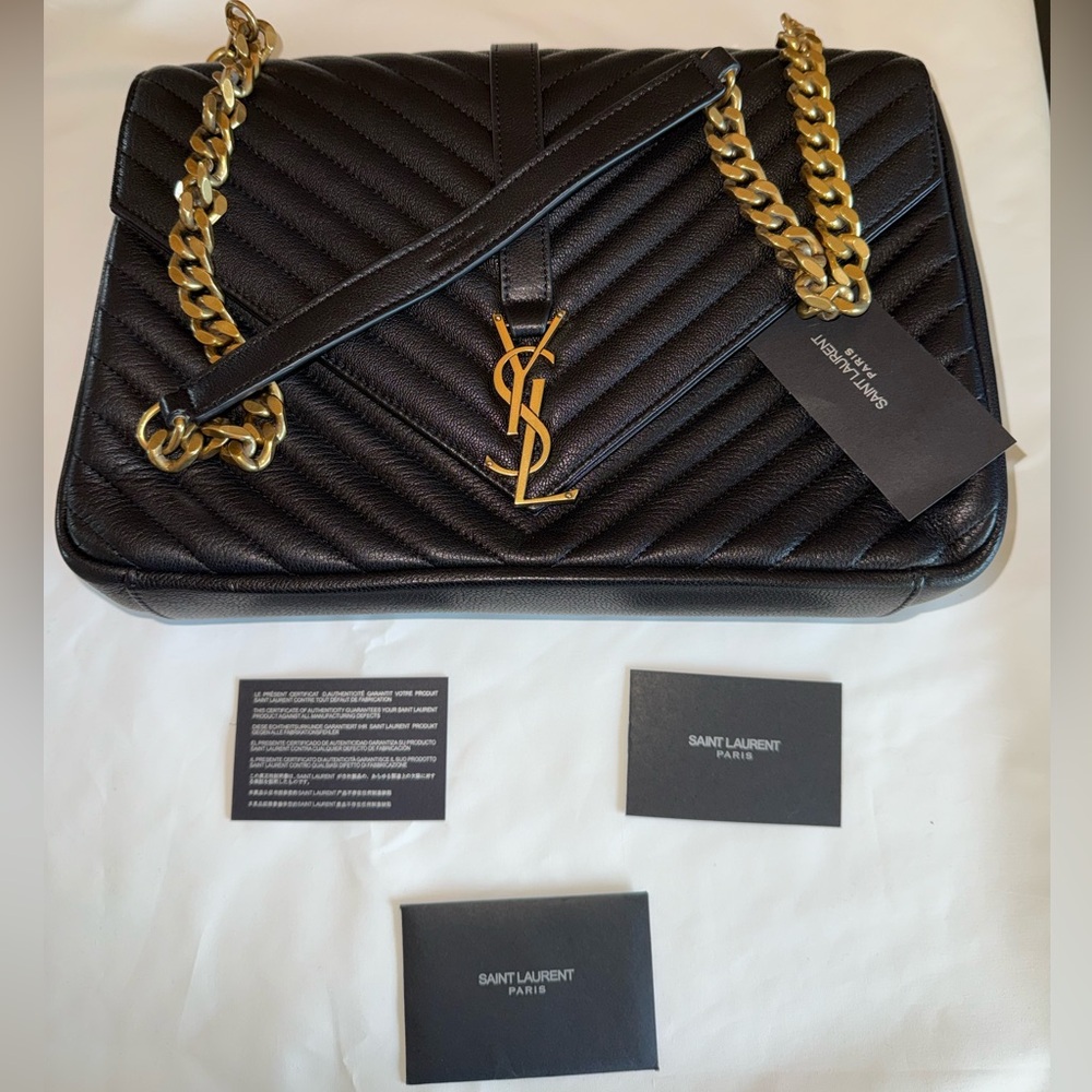 Saint Laurent Black Chevron Quilted Leather Shoulder Bag with Gold Chain